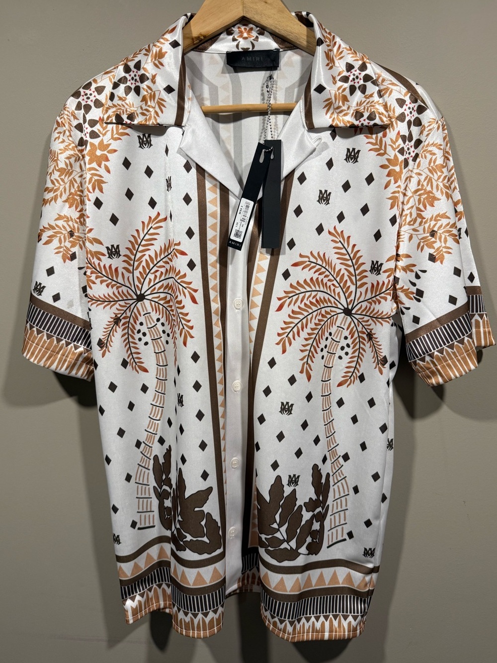 AMIRI White Short-Sleeve Button-Down with Brown Palm Print (set 1:1 defect)